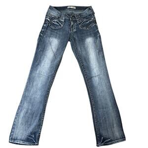 No Boundaries Blue Jeans Denim Bootcut Y2K Low Rise Flap Pockets Distress Size 3